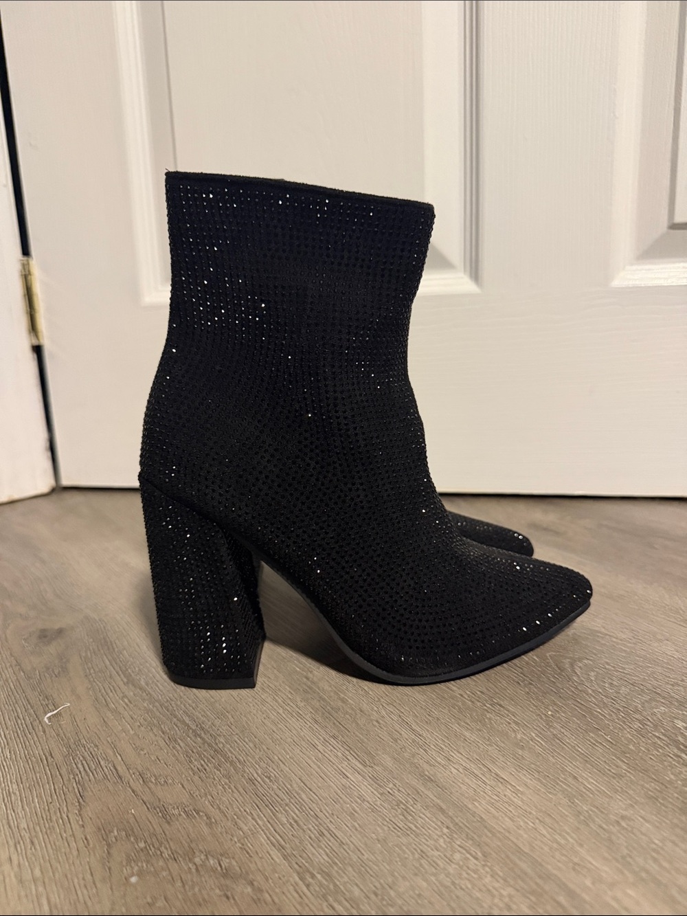 Women's Black Sparkle Knit Ankle Booties - Elegant Pull-On Block Heel